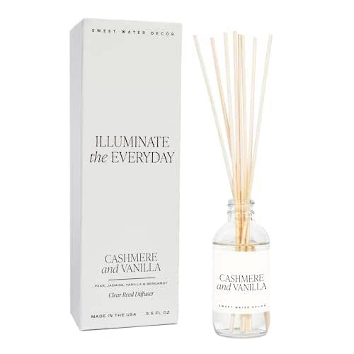 Sweet Water Decor Clear Reed Diffuser Set | Cashmere and Vanilla: Milky Coconut, Frangipani, Soft Cashmere, Bourbon Vanilla, Creamy Sandalwood, Tonka Bean, and Exotic Musk