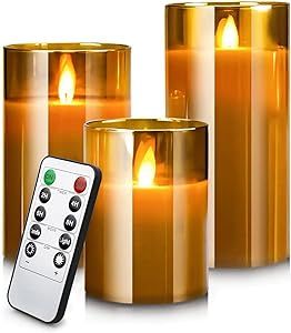 Led Flameless Candles, Battery Operated Flickering Candles Pillar Real Wax Moving Flame Electric Candle Sets Gold Glass Effect with Remote Timer for Halloween Home Bathroom Decor, 4 in, 5 in, 6 in