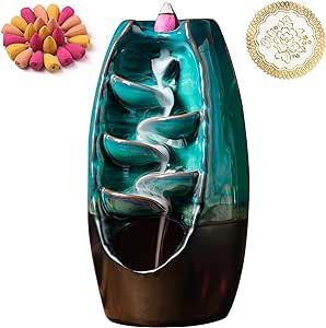 INONE Ceramic Incense Burner with 120 Cones, Waterfall Backflow Incense Holder, Aromatherapy Ornament, Zen Decor, Home Decor, Room Decor (Cyan)