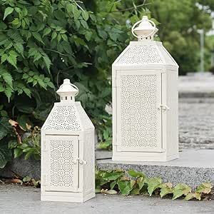 NEEDOMO 2Pack Outdoor Lantern, 16" Large White Candle Lanterns Decorative Indoor, Metal Frame with Glass, Vintage Farmhouse Lantern Decor for Front Porch, Garden, Patio, Pathway, Balcony,Yard