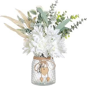 Faux Flowers with Vase,Artificial Silk Flowers in Vase, Fake Plant Eucalyptus and Willow,Flower Arrangement for Home Farmhouse kitchen Dining Table Centerpiece Decorations Coffee Table Decor (White)