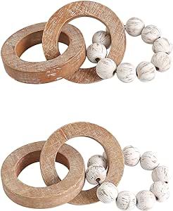 Rustic Wood Chain Link for Home Decor, Handmade Carved 3 Link Wood Knot & Wood Beads, Natural Boho Farmhouse Table Decor, Best Housewarming Gifts (2 Pcs, 8.7inch)