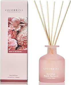 Cocorrina Reed Diffuser Sets - Rose & Tea Leaves 6.76oz Diffuser with Sticks Home Fragrance Essential Oil Reed Diffuser for Bedroom Bathroom Shelf Decor Office Decor