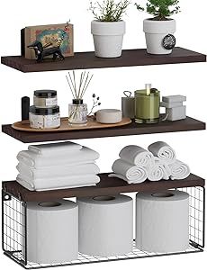 WOPITUES Bathroom Shelves Over Toilet, Wall Mounted with Wire Basket, Wood Floating Shelf for Wall Decor, Bathroom Wall Decor Shelves, Wall Shelves for Bathroom–Rustic Brown