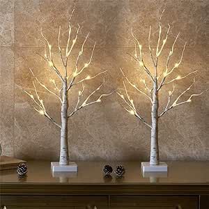 EAMBRITE Lighted Birch Tree for Home Decor, White Christmas Decorations Indoor, 2Pack 24 LED Battery Operated Tabletop Mini Artificial Trees with Lights for Centerpiece Mantel Winter (2FT/Warm White)
