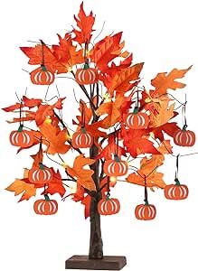 hogardeck Fall Decorations for Home, 24”2FT Lighted Maple Leaves Tree Fall Decor with 24LT Warm White LEDs, 12 Wood Pumpkin Ornaments Battery Powered Timer Artificial Trees for Autumn, Thanksgiving