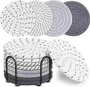 Mckanti 8 Pcs Drink Coasters with Holder, 4 Colors Absorbent Coasters for Drinks, Minimalist Cotton Woven Coaster Set for Home Decor Tabletop Protection Suitable for Kinds of Cups, 4.3 Inches.