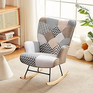 Fahomiss Rocking Chair-Accent Rocking Chair for Nursery Glider Chair with High Backrest Comfy Glider Chair for Nursery with Wood Legs Patchwork Linen Living Room, Bedroom Recliner (x1, Grey)
