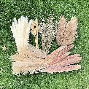 100Pcs Pampas Grass Boho Home Decor 17 inch Natural Dried Flowers-Pampas Grass Contains Bunny Tails White Pampas Brown Pampas.Boho Decor for Farmhouse Wedding Boho Wall Bathroom Office Kitchen…